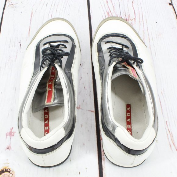 Prada White Leather Lace Up Low Top Casual Sneakers Shoes Size 8 - Picture 7 of 9